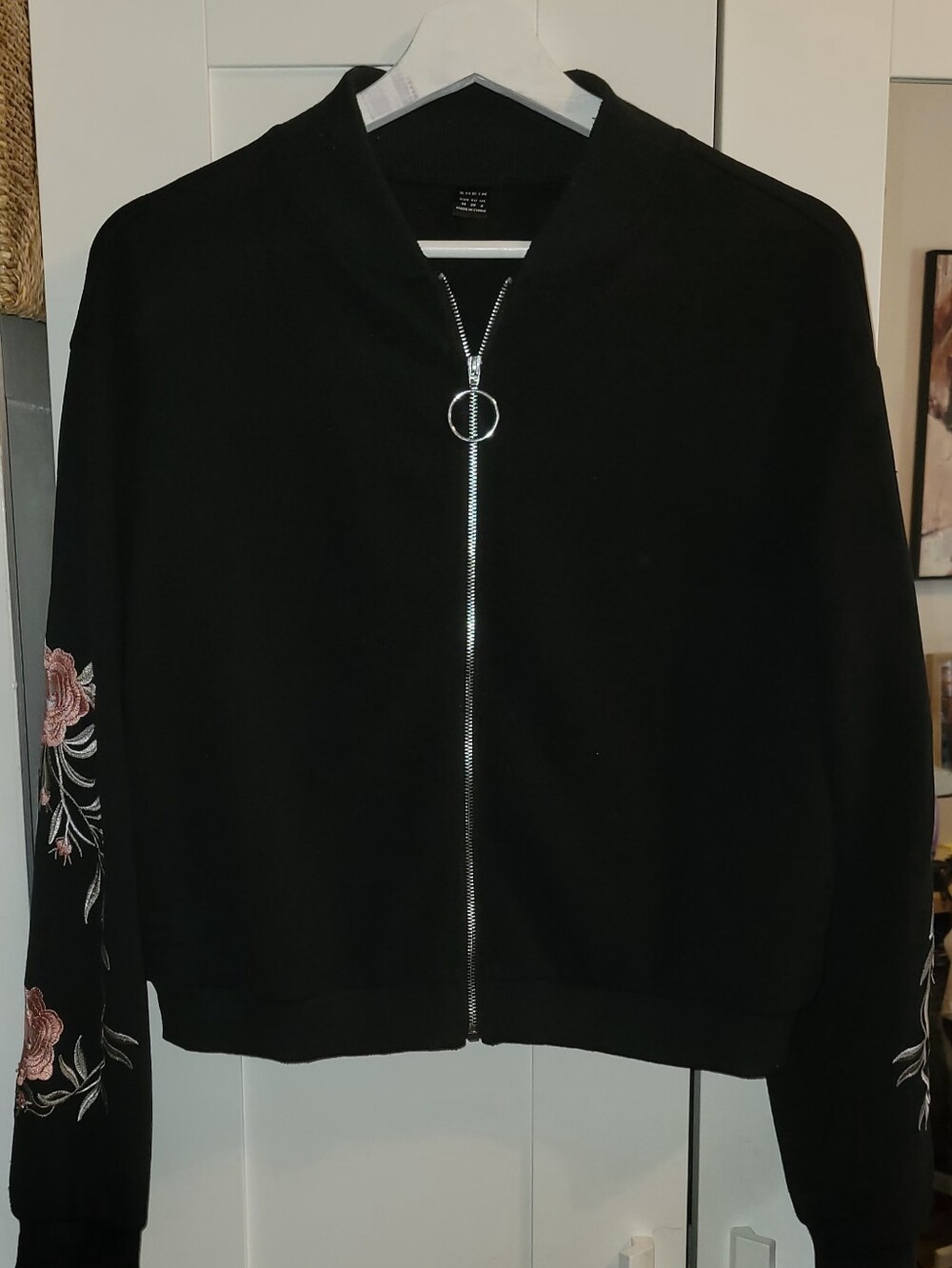 SHEIN Black Bomber Jacket with Pink Rose Sleeve Embroidery